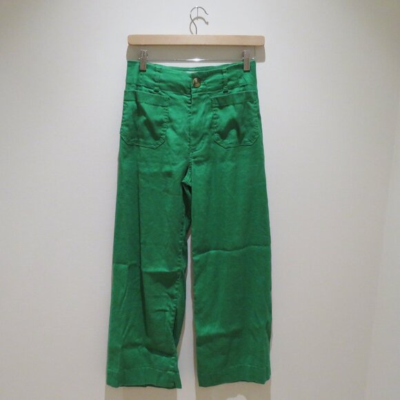 ANTHROPOLOGIE MAEVE The Colette Cropped Wide Leg Linen Pants in Bright Green 25 - Picture 2 of 15